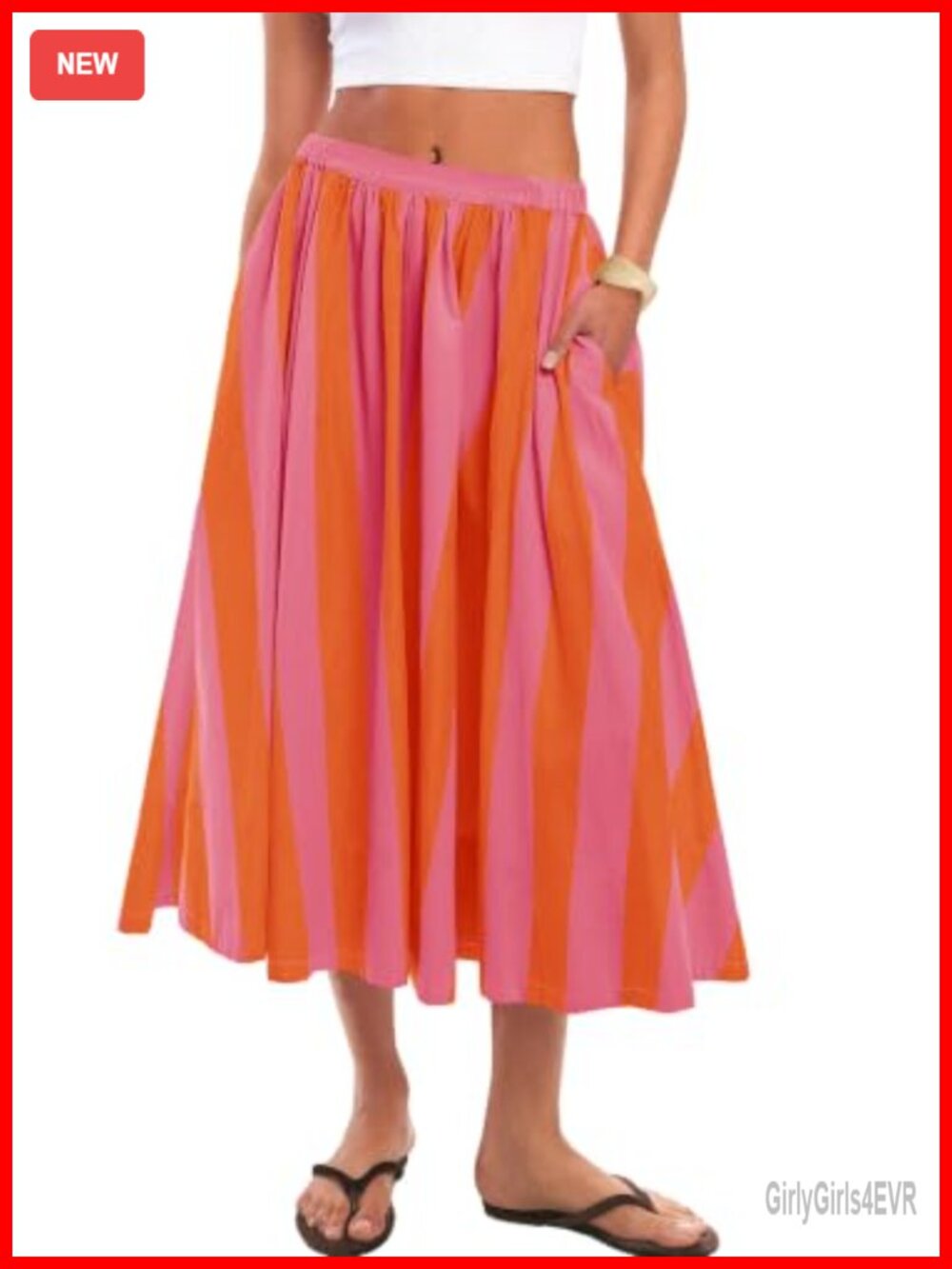 Women's Striped Midi Skirt High Waisted A-Line Flowy Pleated Side Pockets